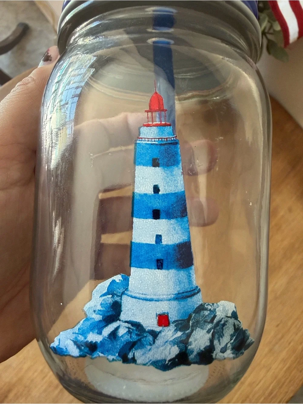 Blue Mason Jar Tumbler with Straw - Nautical Lighthouse Design